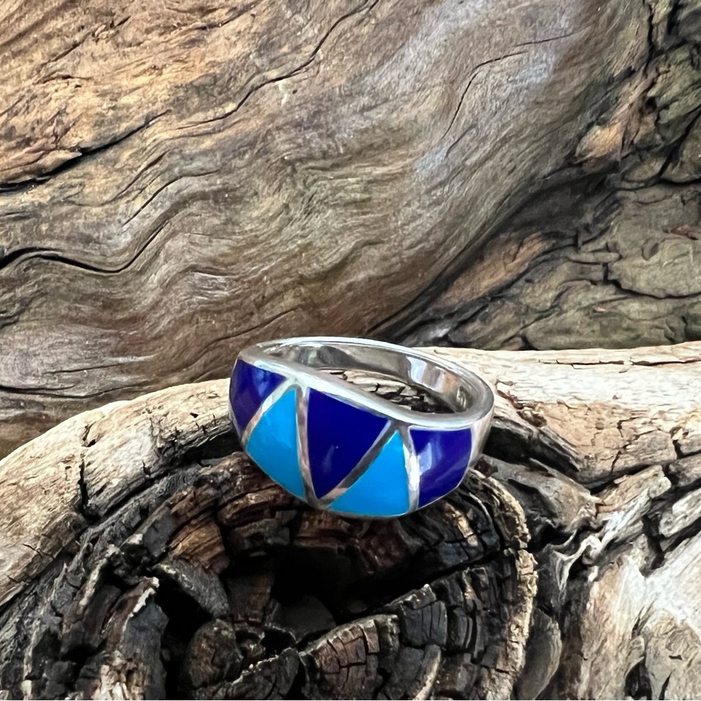 Thailand NF 925 Silver Ring Blue Turquoise Lapis Lazuli Inlay Zuni Navajo Style
